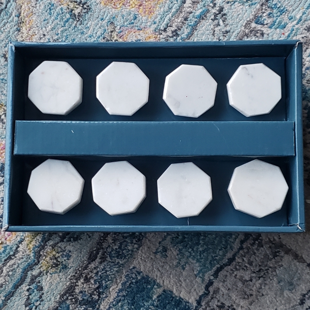 Set of 8 Octagonal White Stone (Marble or Quartz) Drawer Pulls NWT in box.